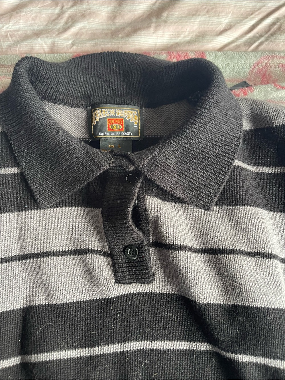 Men's Black & Gray Striped Polo Sweater